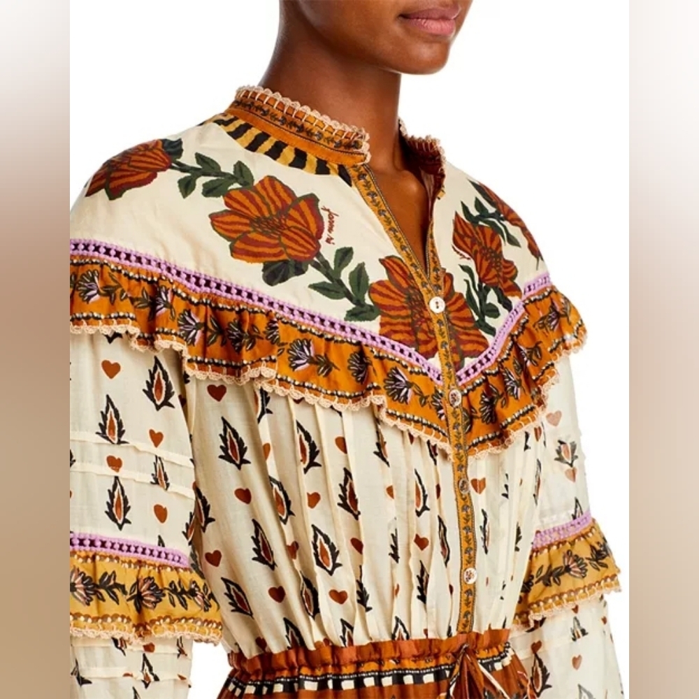 FARM Rio AINIKA Floral Beige Ruffled Long Sleeve MINI Dress - Picture 5 of 6